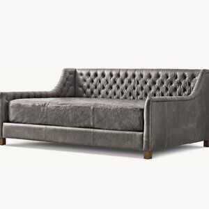 RH Teen Daybed Mattress Leather Slipcover, queen/pewter